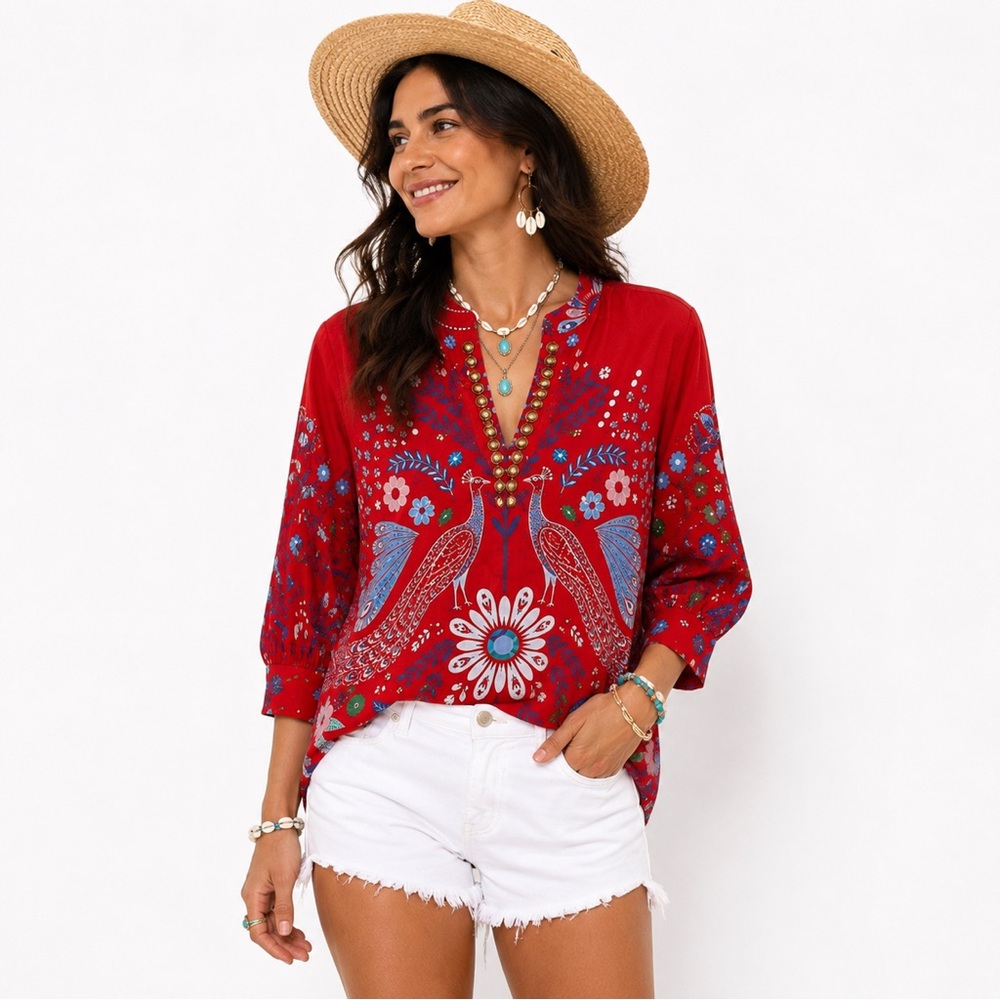 Sheridan French Red Peacock Floral Print Tunic Blouse XS Cotton Lycra Festival